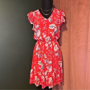 Loft Floral Red Dress with Ruffle Sleeves